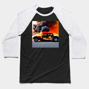 A Hot Rod Car With An Image Of A Guitar On The Side Surrounded By Fire And Smoke Baseball T-Shirt